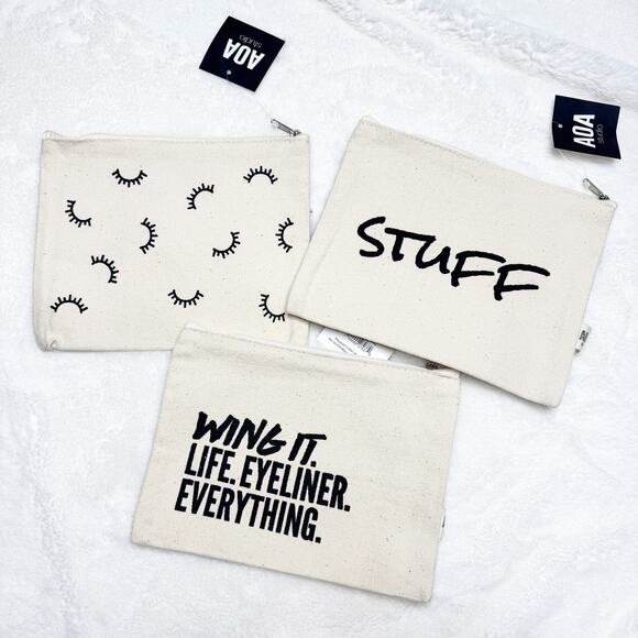 AOA Cream Canvas Makeup Zipper Travel Bags Set of 3 NEW - Picture 1 of 4